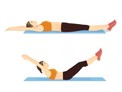 Exercise guide by Woman doing Hollow Body Hold in 2 steps on blue mat