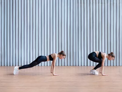 Fit woman doing a burpee exercise. Endurance training. Step by step instructions burpee