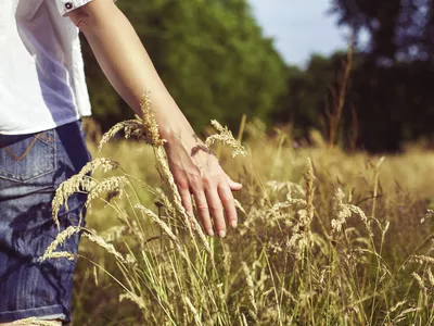 Woman walking through grasslands, close-up of hand