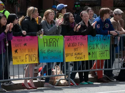oston Marathon 2013 crowd signs: 1:You made it to the start, you will make it to the finish.2:Hurry the British are coming!3:Man this was wicked far, but you're almost there.4:Lets go back on my feet.