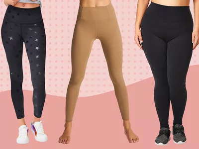 A collage of leggings from legging brands we recommend on a pink background