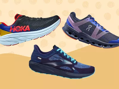 Collage of lightweight running shoes we recommend on a yellow background