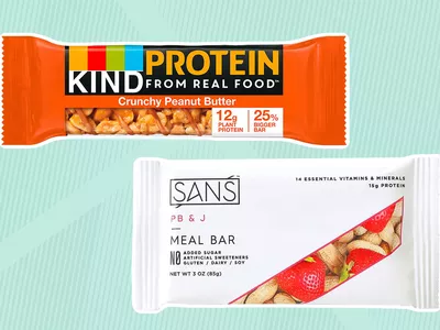 SANS Meal Replacement Protein Bar and Kind Protein Bars, Crunchy Peanut Butter collaged on a striped green background