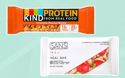 SANS Meal Replacement Protein Bar and Kind Protein Bars, Crunchy Peanut Butter collaged on a striped green background