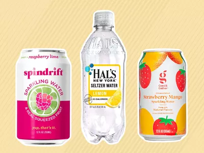 Collage of sparkling waters we recommend on a yellow background