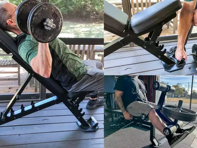 Three images of a person using gym equipment: dumbbell bench press, adjusting bench angle, using leg extension on bench.