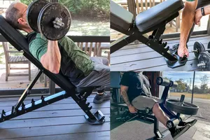 Three images of a person using gym equipment: dumbbell bench press, adjusting bench angle, using leg extension on bench.