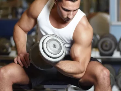 Man with large muscles, seated, lifting a weight