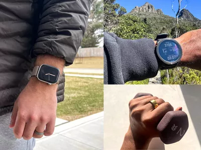 People wearing fitness trackers in varied settings. 