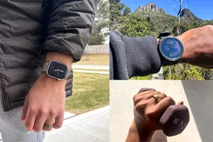 People wearing fitness trackers in varied settings. 