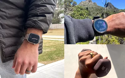 People wearing fitness trackers in varied settings. 
