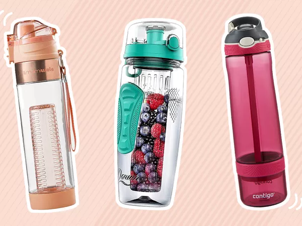 Best infuser water bottles collaged against pink striped background