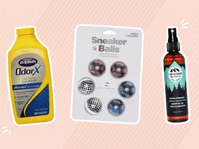 Collage of shoe deodorizers we recommend on a pink background