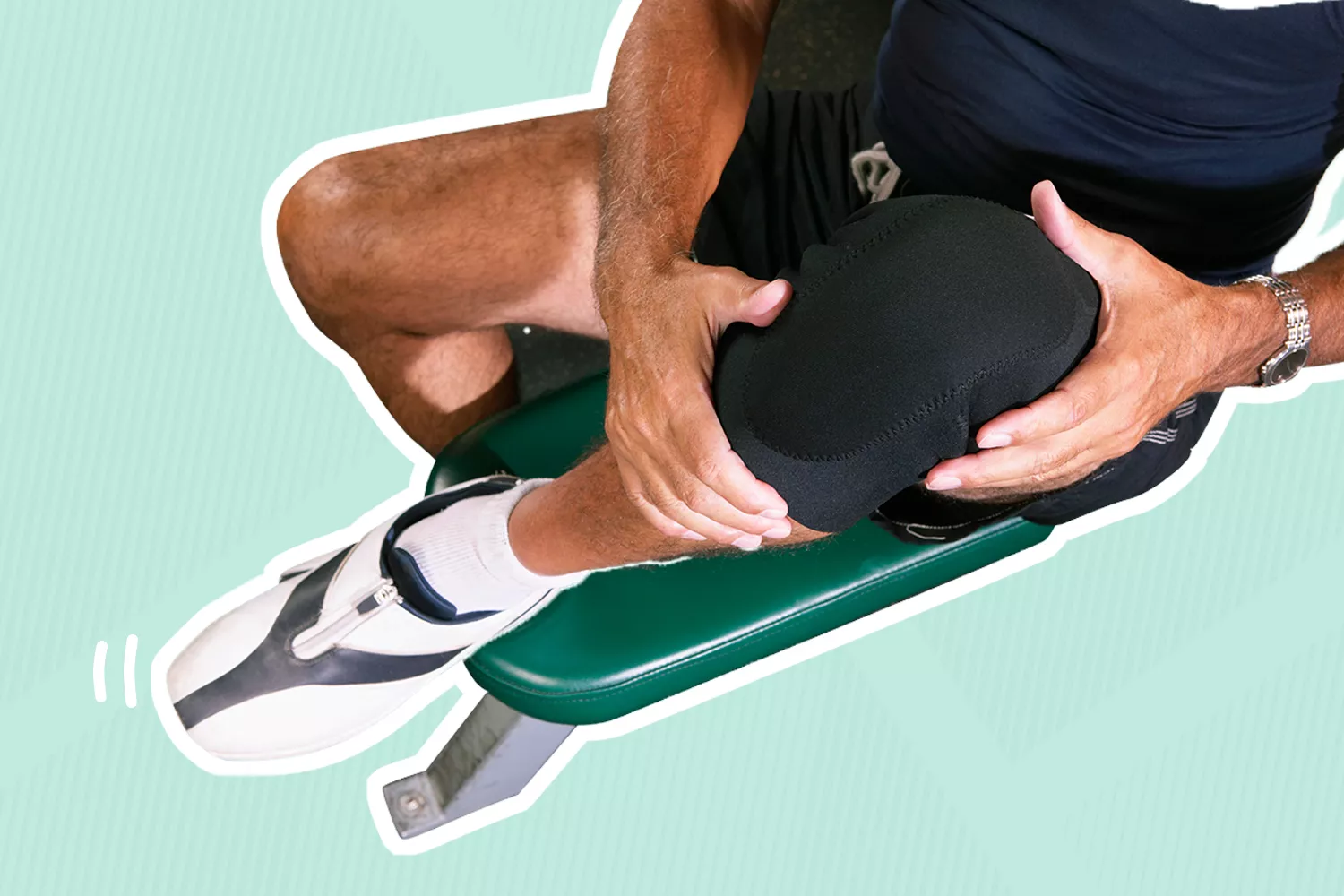 Person holding their knee clad in a knee brace outlined in white and displayed on a blue striped background 