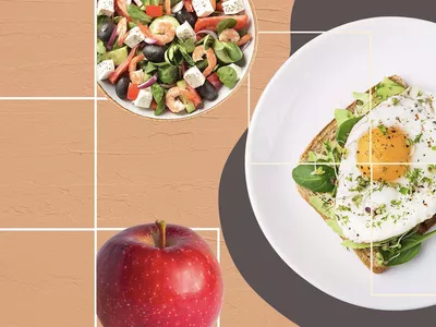 Meal plan for prediabetes with avocado toast, apple, and shrimp salad