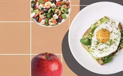 Meal plan for prediabetes with avocado toast, apple, and shrimp salad