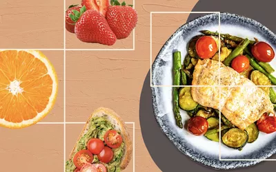 1700 calorie diet meal plan with salmon, strawberries, orange, and avocado toast