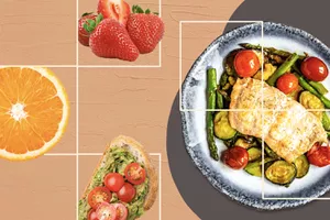 1700 calorie diet meal plan with salmon, strawberries, orange, and avocado toast