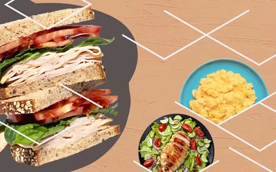 High Protein Foods: Turkey Sandwich, Scrambled Eggs, Chicken