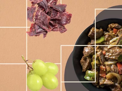 Paleo Meal Plan with grapes, steak stir fry, and beef jerky