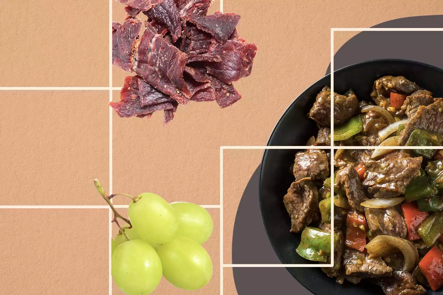 Paleo Meal Plan with grapes, steak stir fry, and beef jerky
