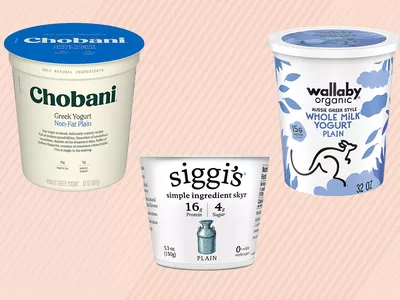 A collage of Greek yogurt we recommend on a colorful background