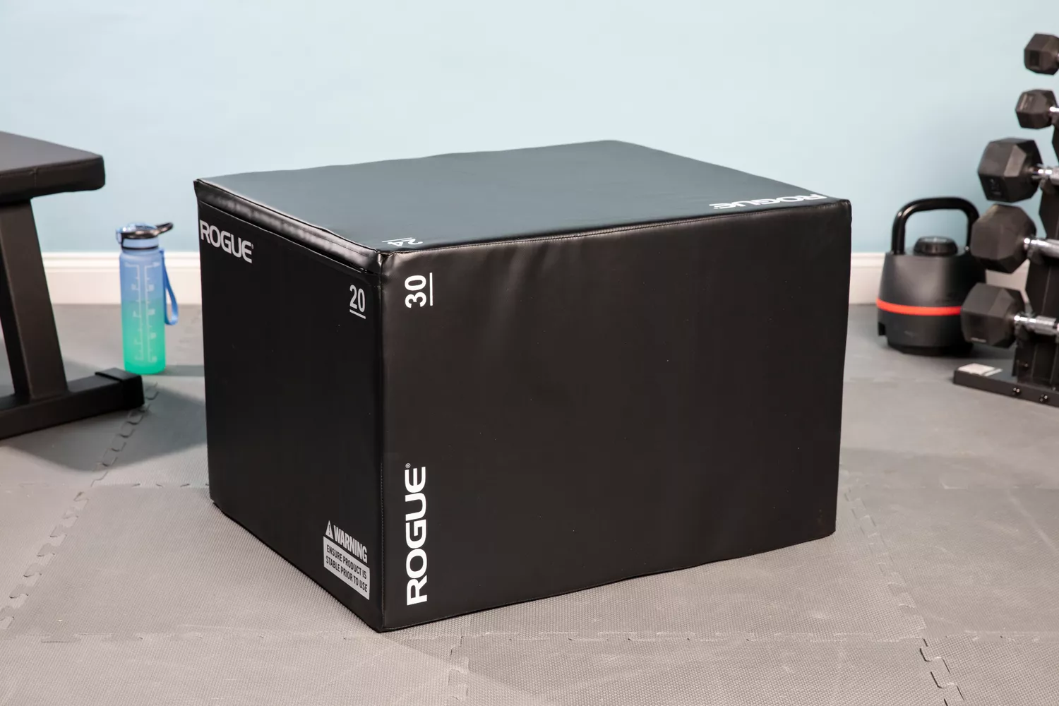 Rogue Echo Foam Plyo Box on floor near fitness equipment
