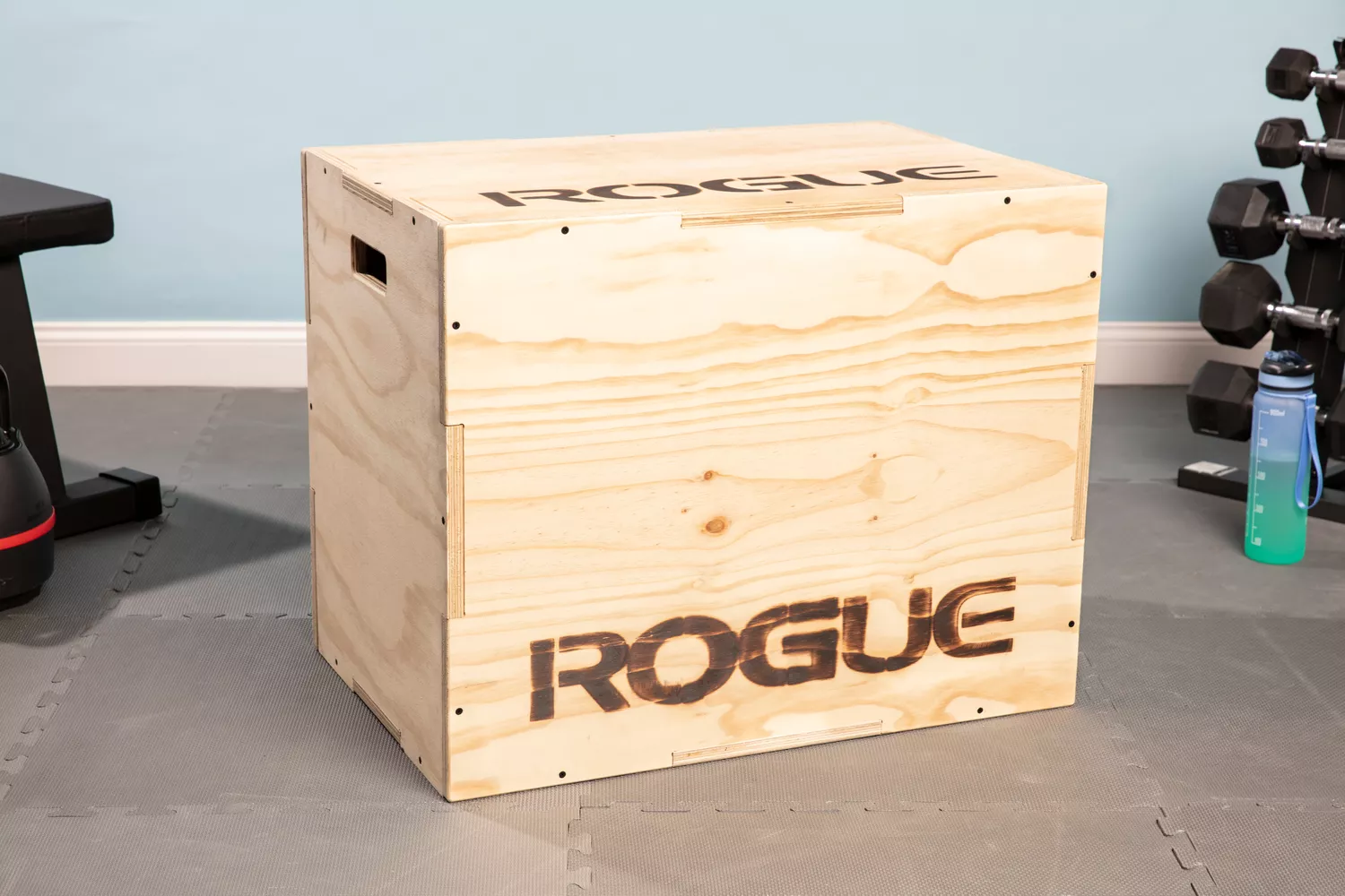 Rogue Flat Packing Plyo Box on floor near fitness equipment