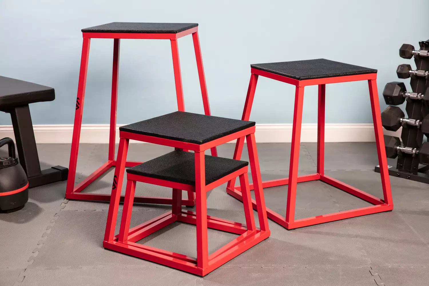 JFIT Plyometric Box Set on floor near fitness equipment