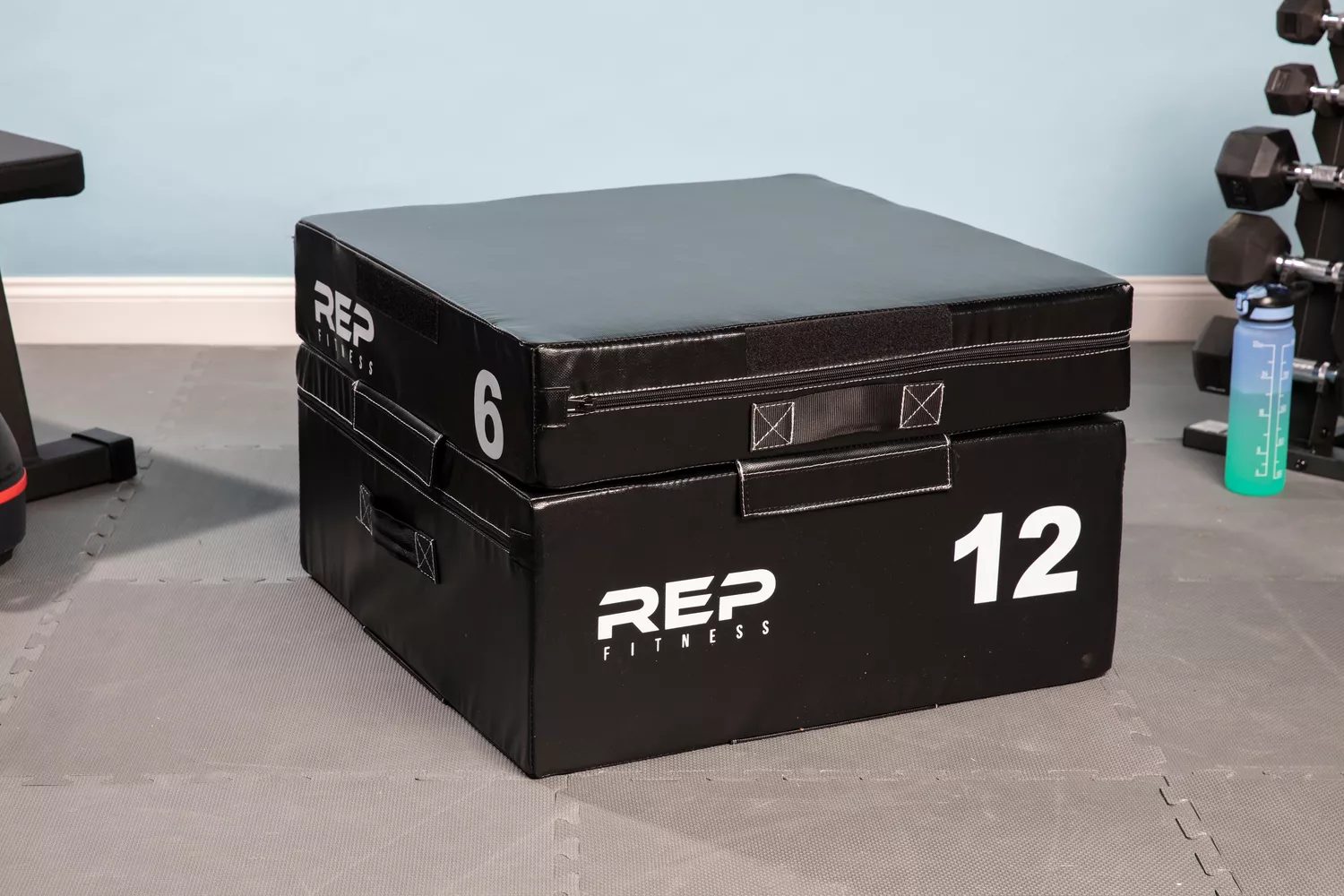 Rep Fitness Foam Soft Plyo Box on floor near fitness equipment