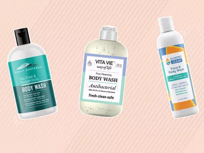 Three antibacterial body washes on a peach background