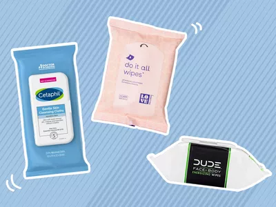 A collage of body wipes we recommend on a striped blue background