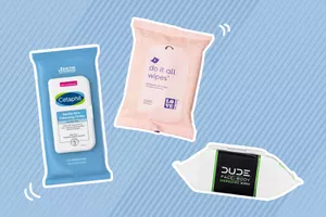 A collage of body wipes we recommend on a striped blue background