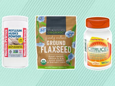 Collage of fiber supplements we recommend on a teal background