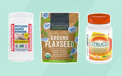Collage of fiber supplements we recommend on a teal background