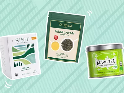 A collage of green teas on a colorful background