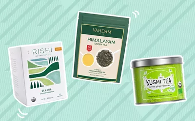 A collage of green teas on a colorful background