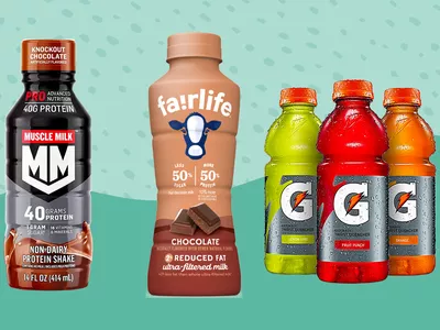A collage of post-workout recovery drinks we recommend on a colorful background