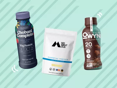 A collage of protein shakes on a striped teal background