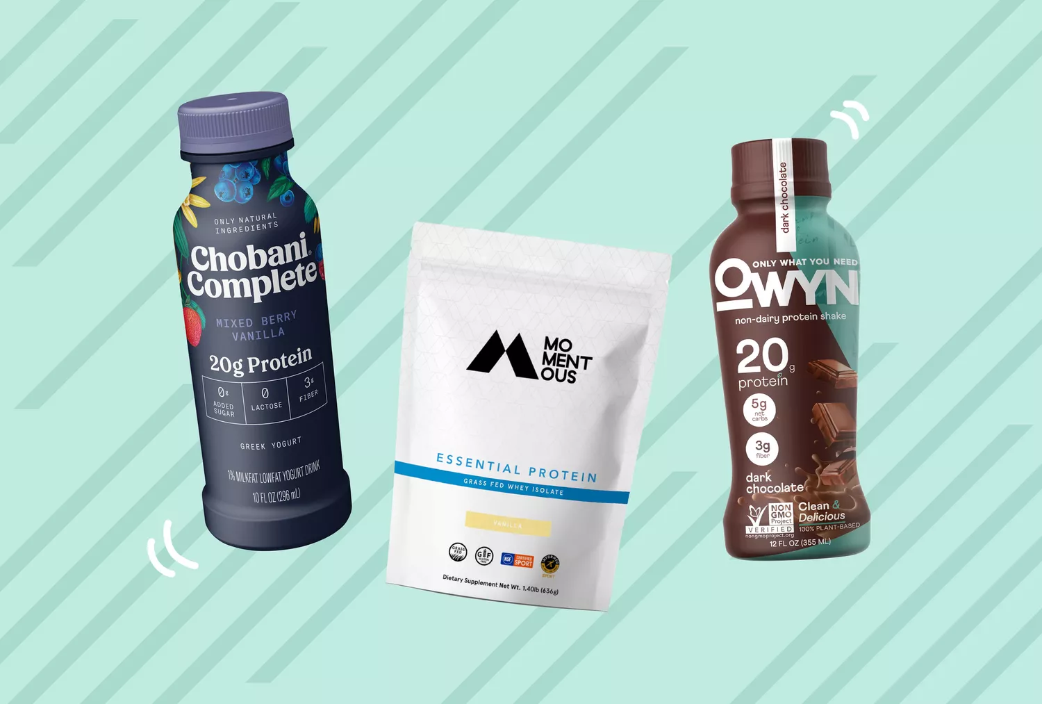 A collage of protein shakes on a striped teal background