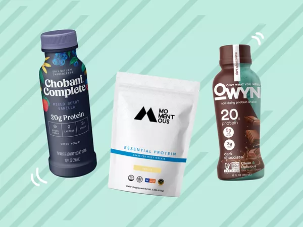 A collage of protein shakes on a striped teal background