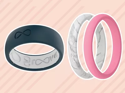 Collage of silicone rings we recommend on a peach background