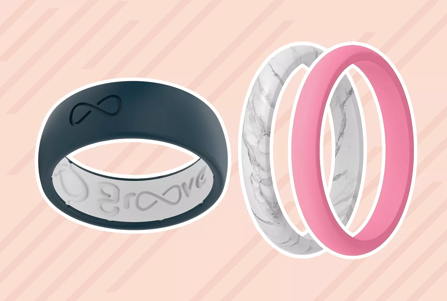 Collage of silicone rings we recommend on a peach background