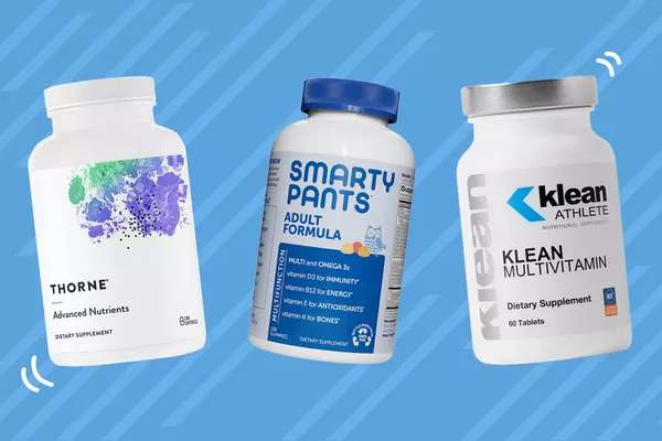 Vitamins from the best vitamin brands collaged against a blue striped background