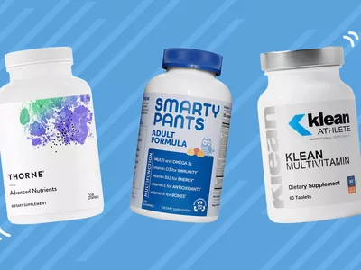 Vitamins from the best vitamin brands collaged against a blue striped background