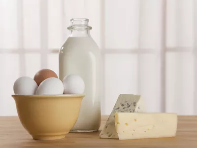 Fresh eggs cheese and milk on counter