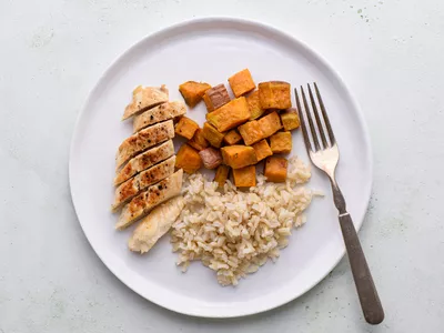plate of chicken, rice, and sweet potatoes