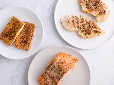 group of proteins: tofu, chicken, salmon
