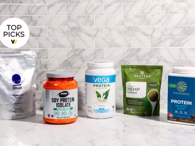 Best vegan protein powders displayed on marble counter