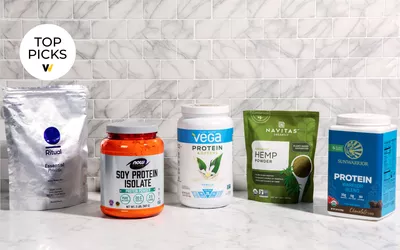 Best vegan protein powders displayed on marble counter